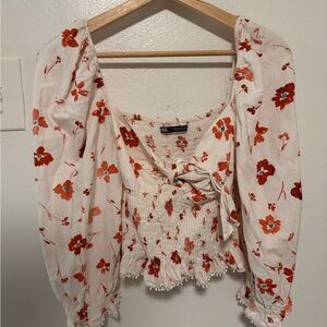 Zara Cream and Red Floral Blouse